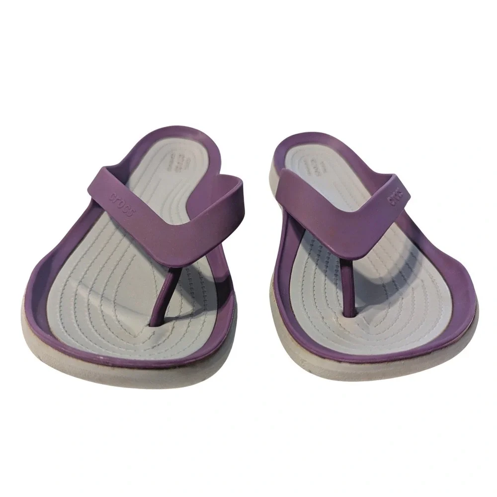 Crocs Womens Size 9 Iconic Comfort Purple Grey Flip Flops Sandals Summer Beach